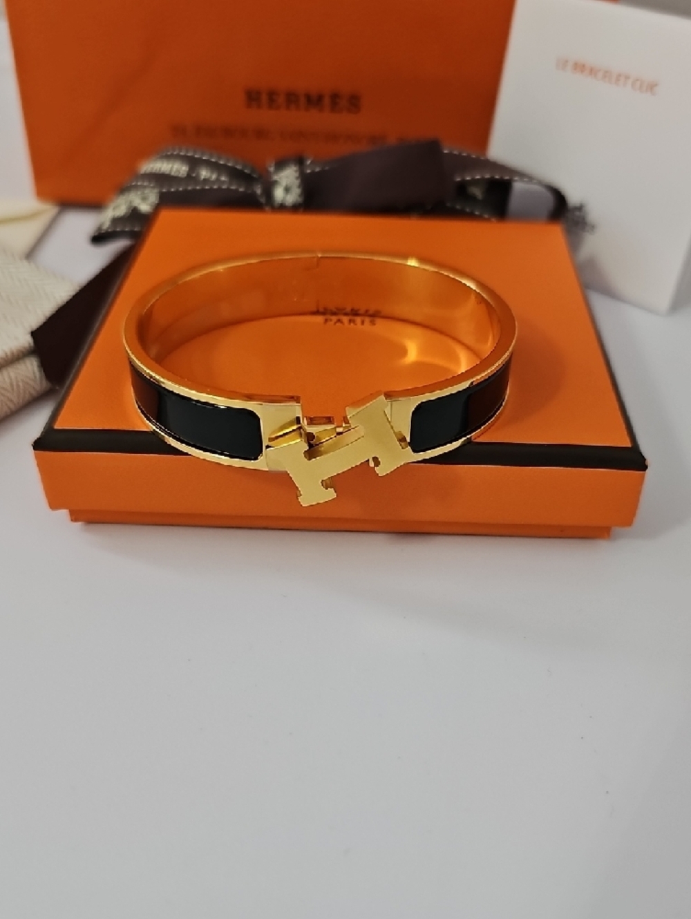 Hermes Black Enamel Clic H Bracelet with Gold-Tone Hardware - Picture 2 of 16